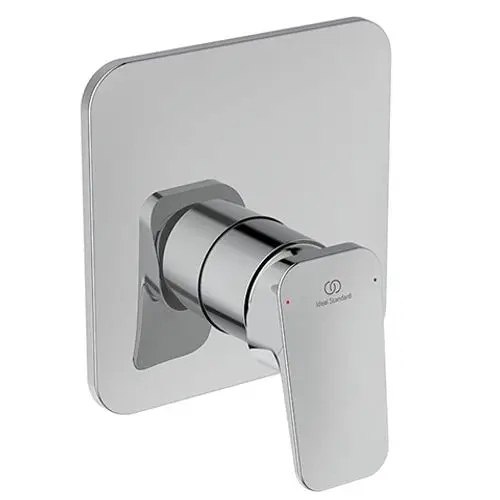Ein chromfarbener Wasserhahn von Ideal Standard mit einer eckigen Grundplatte und einem seitlichen Hebel zur Temperatur- und Mengenregulierung.